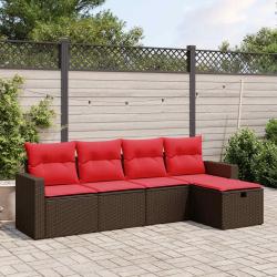 Ensemble de canap&eacute; de jardin 5 pcs avec coussins marron r&eacute;sine tress&eacute;e