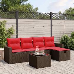 Ensemble de canap&eacute; de jardin 6 pcs avec coussins marron r&eacute;sine tress&eacute;e