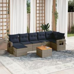 Ensemble de canap&eacute; de jardin 8 pcs avec coussins gris r&eacute;sine tress&eacute;e