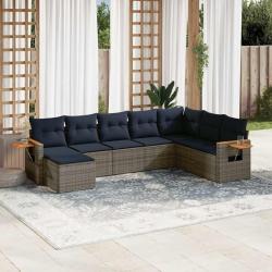 Salon de jardin 8 pcs avec coussins gris r&eacute;sine tress&eacute;e