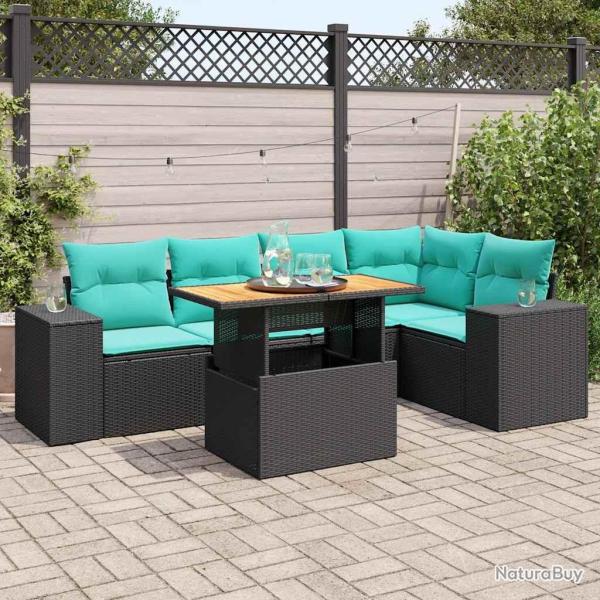 Salon de jardin 6 pcs avec coussins noir r�sine tress�e