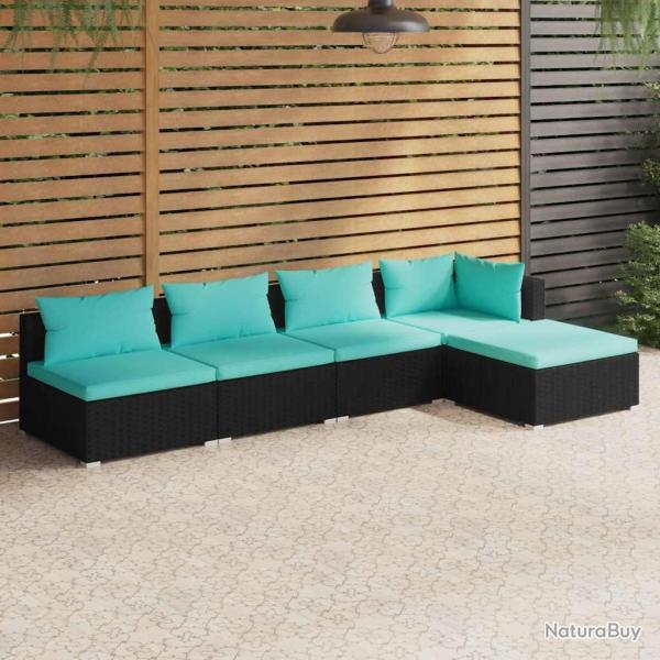 Salon de jardin 5 pcs avec coussins R�sine tress�e Noir