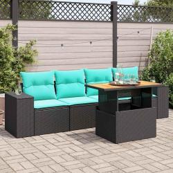 Salon de jardin 5 pcs avec coussins noir r&eacute;sine tress&eacute;e