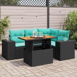 Salon de jardin 5 pcs avec coussins noir r&eacute;sine tress&eacute;e