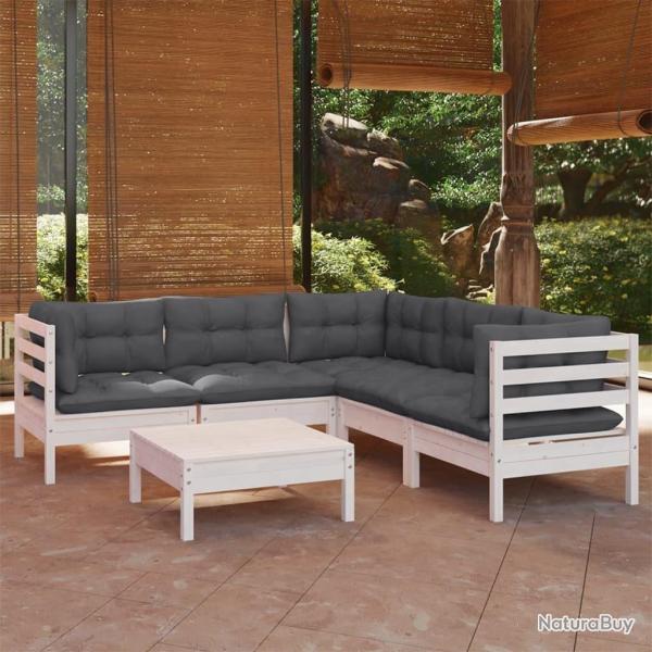 Salon de jardin 6 pcs avec coussins blanc bois de pin massif