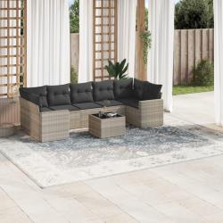 Salon de jardin 8 pcs avec coussins gris clair r&eacute;sine tress&eacute;e