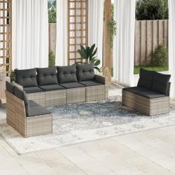 Salon de jardin 8 pcs avec coussins gris clair r&eacute;sine tress&eacute;e