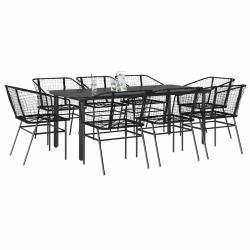 Ensemble &agrave; manger de jardin 9pcs noir poly rotin verre