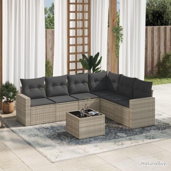 Salon de jardin avec coussins 7 pcs gris clair r�sine tress�e
