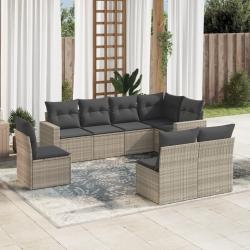 Salon de jardin 8 pcs avec coussins gris clair r&eacute;sine tress&eacute;e