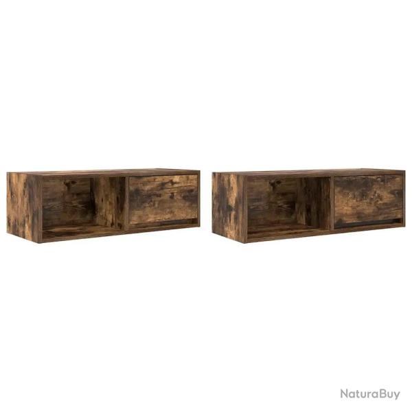 Lot de 2 meubles TV murales pratiques 80 x 31 x 25,5 cm finition ch�ne fum� en bois d'ing�nierie 02