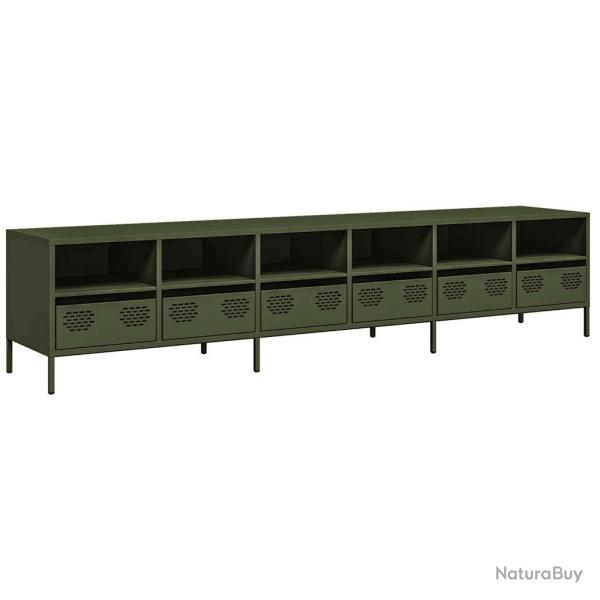Meuble TV moderne grand espace de rangement 202 x 39 x 43 cm en acier lamin� � froid vert olive 02_