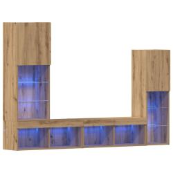 Meuble TV mural moderne 190,5 x 30 x 132 cm avec &eacute;clairage LED ambiance cosy en bois d'ing&eacute;nierie c