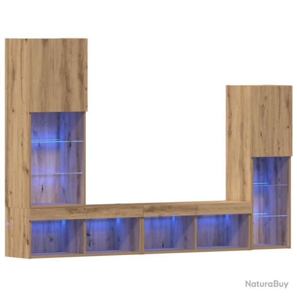 Meuble TV mural moderne 190,5 x 30 x 132 cm avec �clairage LED ambiance cosy en bois d'ing�nierie c