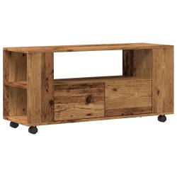 Meuble TV roulettes pratique rangement 102 x 34,5 x 43 cm en bois d'ing&eacute;nierie vieux bois 02_0050701