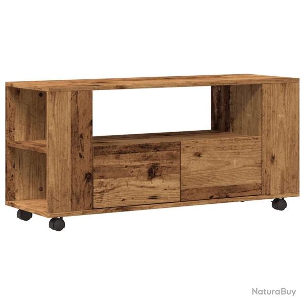 Meuble TV roulettes pratique rangement 102 x 34,5 x 43 cm en bois d'ing�nierie vieux bois 02_0050701