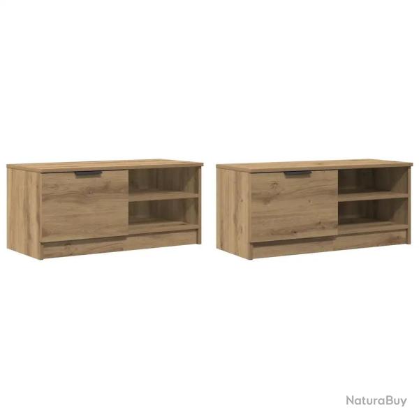 Lot de 2 meubles TV en bois d'ing�nierie pratique 80 x 35 x 36 cm style moderne ch�ne artisanal 02_