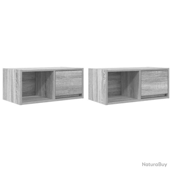 Lot de 2 meubles TV muraux contemporains rangement optimis� 60 x 31 x 25 cm en bois d'ing�nierie gr