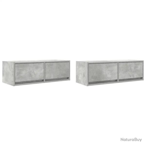 Lot de 2 meubles TV muraux finition grise b�ton 80 x 31 x 25 cm grand espace de rangement design co