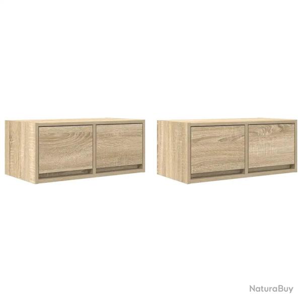 Lot de 2 meubles TV muraux design peu encombrant 60 x 31 x 25,5 cm en bois d'ing�nierie ch�ne sonom