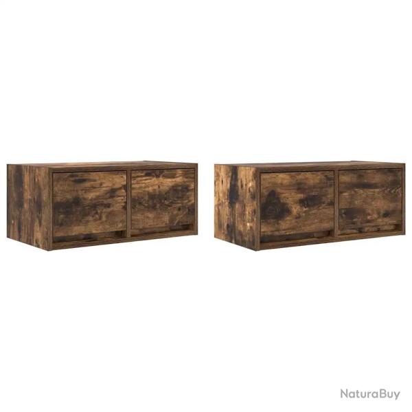 Lot de 2 meubles TV muraux en bois d'ing�nierie 60 x 31 x 25,5 cm design peu encombrant ambiance mo