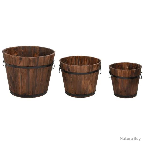 Lot de 3 jardini�res en forme de godet bois massif sapin avec poign�e m�tal pour plantes et fleurs