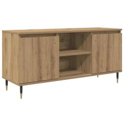 Meuble TV moderne minimaliste avec 2 portes et 2 &eacute;tag&egrave;res 104 x 35 x 50 cm en bois d'ing&eacute;nierie ch&ecirc;