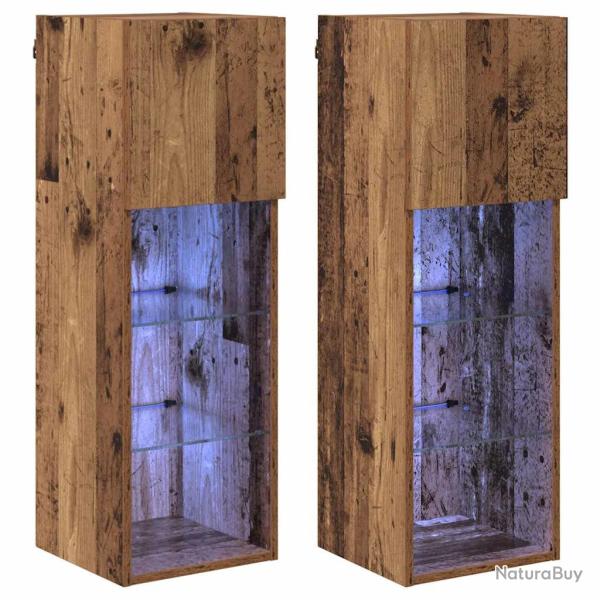 Lot de 2 meubles TV muraux design moderne 30,5 x 30 x 90 cm avec �clairage LED ambiance contemporai