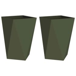 Lot de 2 jardini&egrave;res ext&eacute;rieures modernes 50 x 50 x 75 cm avec base int&eacute;gr&eacute;e en acier vert olive 02