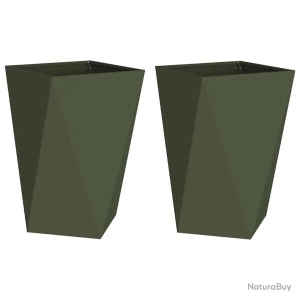 Lot de 2 jardini�res ext�rieures modernes 50 x 50 x 75 cm avec base int�gr�e en acier vert olive 02