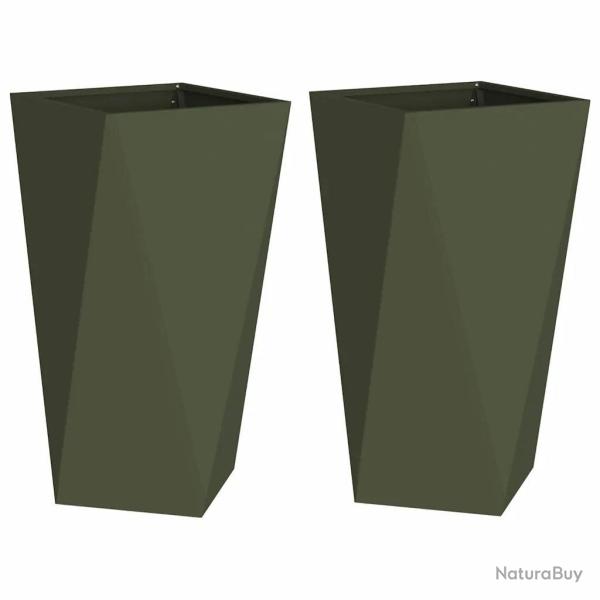 Lot de 2 jardini�res modernes pour ext�rieur 40 x 40 x 75 cm en acier vert olive 02_0053027