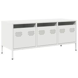 Meuble TV industriel avec 3 tiroirs rangement 101,5 x 39 x 43,5 cm en acier lamin&eacute; &agrave; froid blanc 02