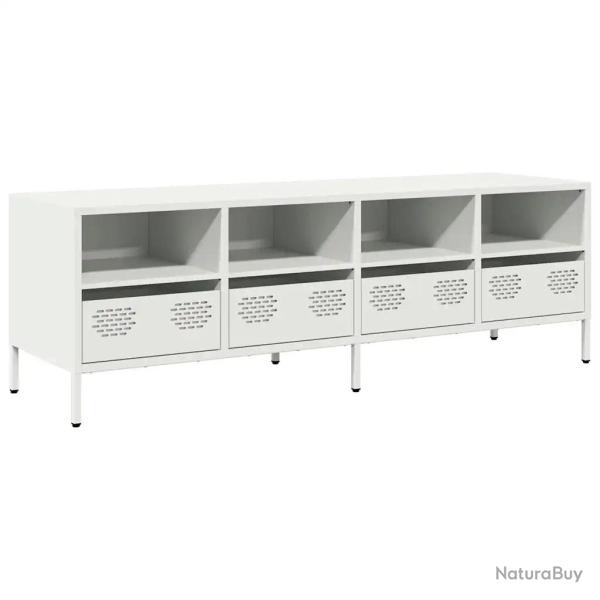 Meuble TV industriel blanc 135 x 39 x 43 cm rangement fonctionnel d�coration salon en acier lamin�