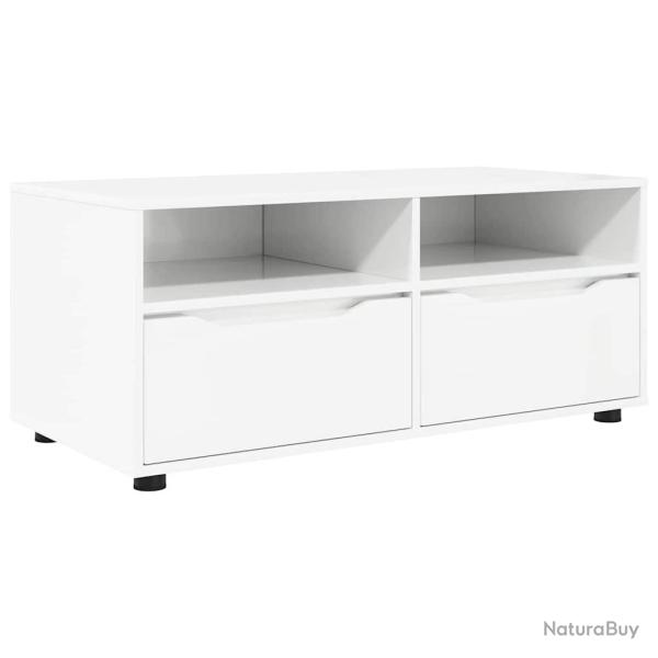 Meuble TV moderne rectangulaire avec tiroirs et �tag�res 100 x 48 x 43 cm en bois d'ing�nierie blan
