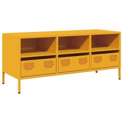 Meuble TV industriel avec tiroirs 101,5 x 39 x 43,5 cm en acier lamin&eacute; &agrave; froid jaune moutarde 02_00