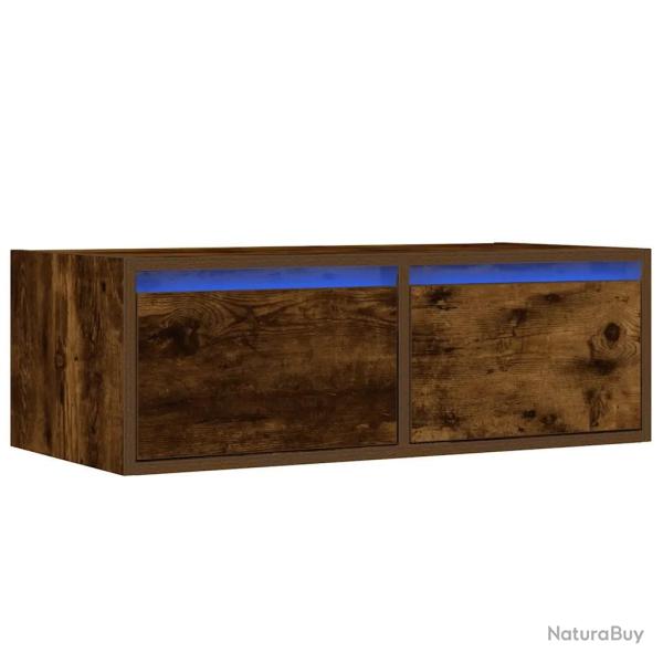 Meuble TV mural pratique avec lumi�res LED 75 x 35 x 25 cm en bois d'ing�nierie ch�ne fum� 02_00513