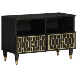 Meuble TV contemporain 70 x 33 x 46 cm avec rangement spacieux style r&eacute;tro en bois massif noir 02_0