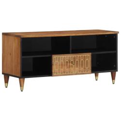 Meuble TV r&eacute;tro bois massif 100 x 33 x 46 cm rangement spacieux motifs floraux en bois de manguier
