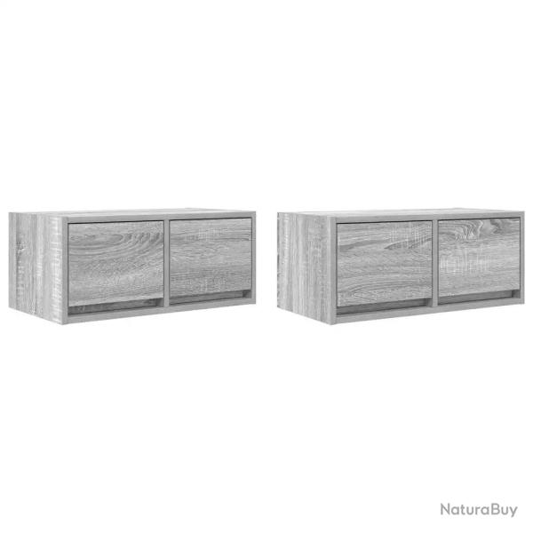 Lot de 2 meubles TV muraux peu encombrants avec 2 tiroirs rangement optimal 60 x 31 x 25,5 cm en bo