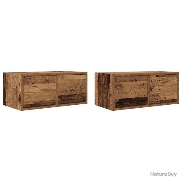Lot de 2 meubles TV muraux vintage rangement �pur� 60 x 31 x 25,5 cm en bois d'ing�nierie vieux boi