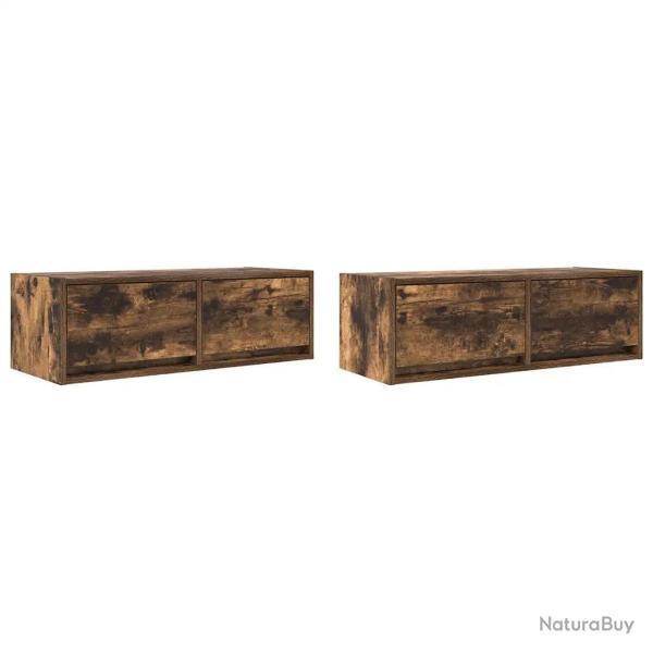 Lot de 2 meubles TV muraux compact design contemporain 80 x 31 x 25,5 cm en bois d'ing�nierie ch�ne