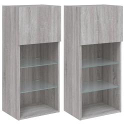Lot de 2 meubles TV muraux avec rangement &eacute;clairage LED 40,5 x 30 x 90 cm en bois d'ing&eacute;nierie gris