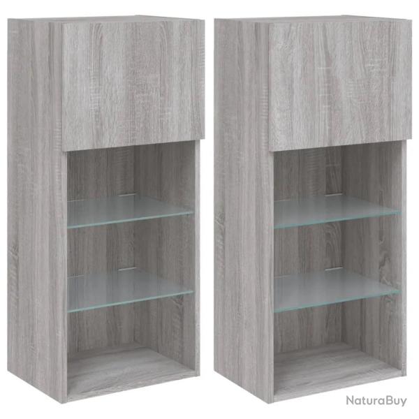 Lot de 2 meubles TV muraux avec rangement �clairage LED 40,5 x 30 x 90 cm en bois d'ing�nierie gris