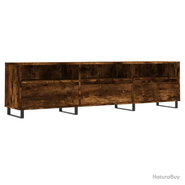 Meuble TV contemporain pratique rangement salon 150 x 30 x 44 cm en bois d'ing�nierie ch�ne fum� 02