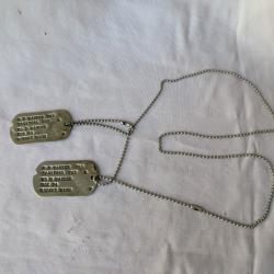 WW2 US 2 PLAQUES MILITAIRES D'IDENTIT&Eacute;S T43 / T44 AM&Eacute;RICAINES EN M&Eacute;TAL AVEC SA CHA&Iuml;NE R&Eacute;F&Eacute;RENC&Eacute;E G.I
