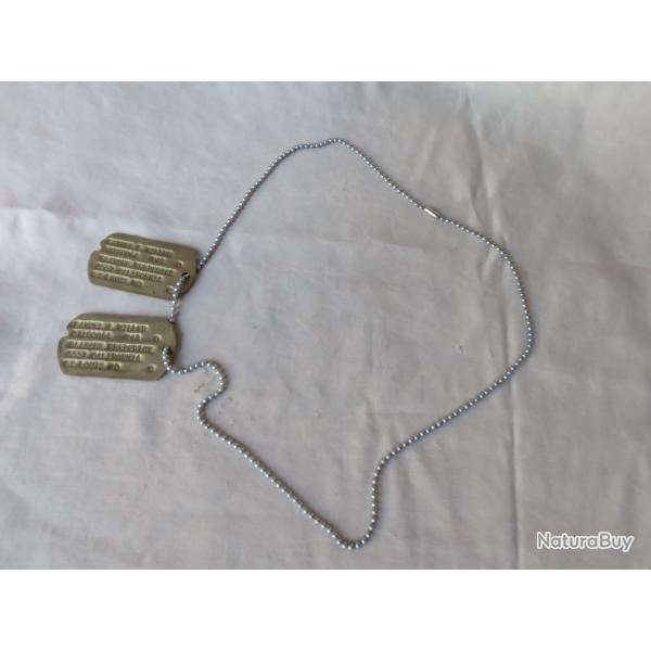 WW2 US 2 PLAQUES MILITAIRES D'IDENTIT�S T42 AM�RICAINES EN M�TAL AVEC CHA�NE R�F�RENC�E G.I (39-45)