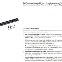 RAIL PICATINNY  en alliage d'aluminium de 20 mm 257 mm