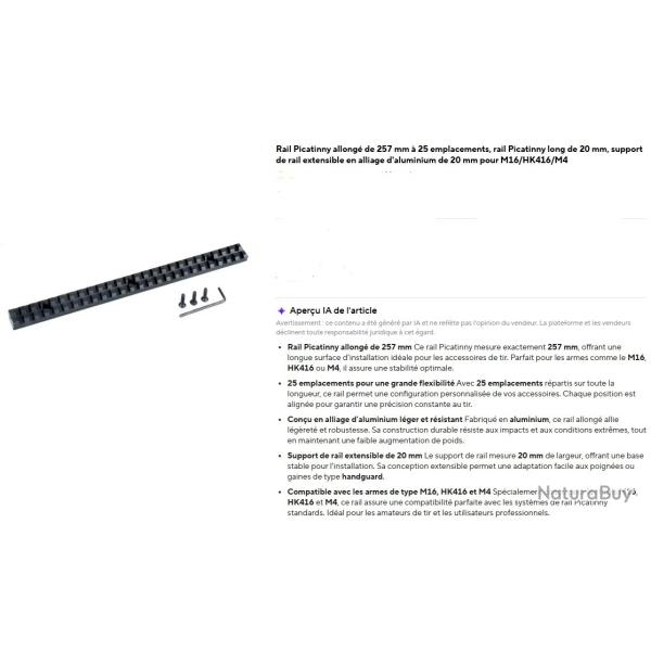 RAIL PICATINNY  en alliage d'aluminium de 20 mm 257 mm