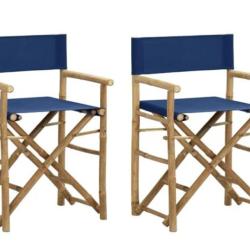 Chaises pliantes bambou toile bleu 58x48x89 cm lot 2 confort ext&eacute;rieur