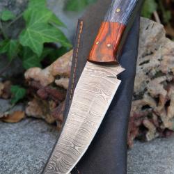 Skinner Couteau Damas Lame 256 Couches Lame Trailing Point Manche Smoke Fabr Artisanale Etui Cuir
